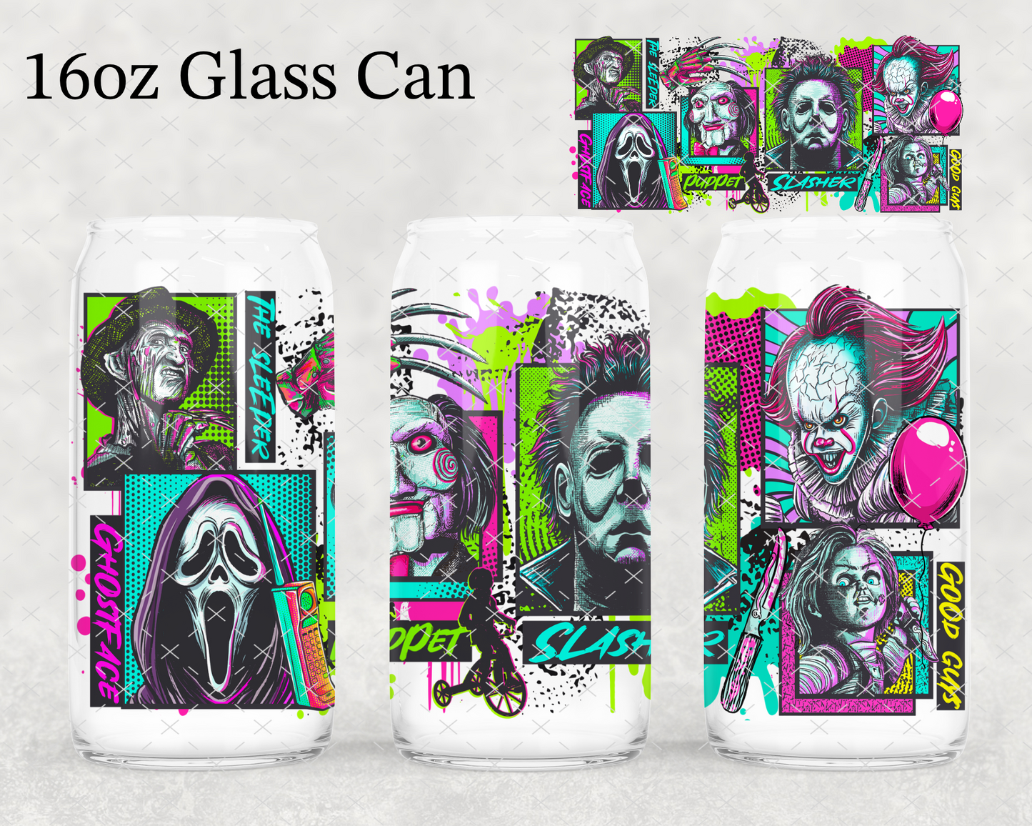 16oz liberty glass cup with horror uvdft wrap mix characters